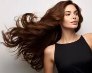Beautiful woman with brown hair wearing black dress on white background, beautiful girl with long hair