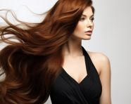 Beautiful woman with brown hair poses in black dress, beautiful girl with long hair