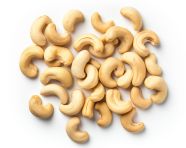 Crispy roasted cashews in white bowl, cashew image