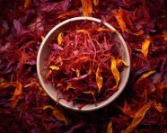 Pure saffron flakes in a square white bowl, saffron flower image