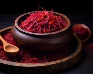 Saffron in wooden bowl with red color on dark background, saffron flower image
