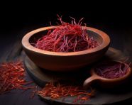 Saffron in a wooden bowl against a dark background, saffron flower image