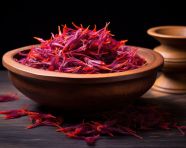 Saffron in a wooden bowl on black background, saffron flower image