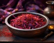 A bouquet of the herb saffron is in a small bowl, saffron flower image