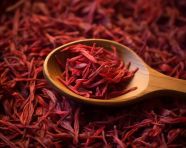 Red saffron leaves on a wooden spoon, saffron flower imag
