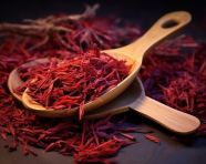 Red saffron leaves on a wooden spoon, saffron flower image