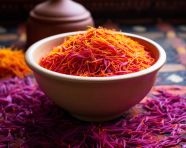 Saffron seeds in a white bowl on a dark tile floor, saffron flower image