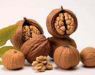 Whole and half walnuts on a white background, walnuts image