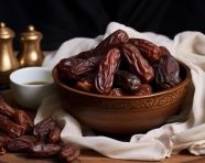 Dates in a brown bowl on a white surface, sweet dates image
