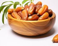 Orange dates sit on a wooden bowl with leaves inside on white background, sweet dates image