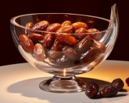 Dates in a glass bowl, with two dates in the front, sweet dates image