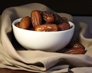 A bowl of dates on a white table, sweet dates image