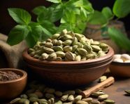 A bowl of pistachios with leaves, pistachio nut image