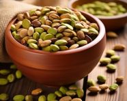 A bowl filled with pistachios on top of wooden table stock photo, pistachio nut image