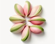 Six open pistachio nuts on a white background, pistachio nut image