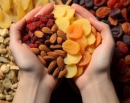 A womans hand is holding a handful of nuts and dried fruits, dry fruits mix image