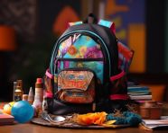 Backpack with different colorful stationery on table. banner design, back to school stock images ai, back to school ai prompts