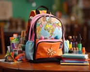 Colorful stationery and backpack on table, back to school stock images ai, back to school ai prompts