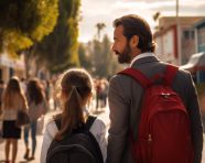 First day at school father leads a little child school, back to school stock images ai, back to school ai prompts