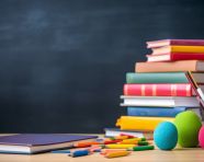 Colorful books on wooden table in classroom, back to school stock images ai, back to school ai prompts