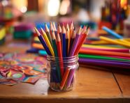 Colorful pencils on a wooden table background, back to school stock images ai, back to school ai prompts