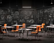 A classroom with a black wall and white tables, back to school stock images ai, back to school ai prompts