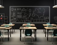 Classroom interior with dark walls and light furniture, back to school stock images ai, back to school ai prompts