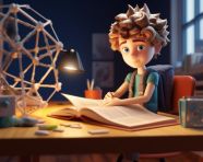 A boy sits at a desk in in class room front of a book, back to school stock images ai, back to school ai prompts