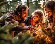 A family decorating a christmas tree in the forest, christmas stock image ai, christmas stock photos ai
