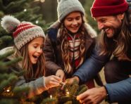 Children help decorate christmas tree in snowy forest, christmas stock image ai, christmas stock photos ai
