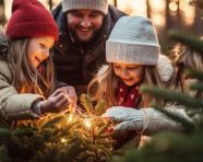 Grandparents and grandchildren decorate christmas tree in forest, christmas stock image ai, christmas stock photos ai