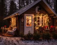 A small cottage in the forest all lit up for christmas, christmas stock image ai, christmas stock photos ai