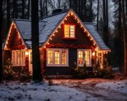 Cottage in the woods glowing with christmas lights, christmas stock image ai, christmas stock photos ai