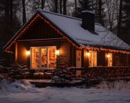 Stunning snowy cottage lit up for christmas, christmas stock image ai, christmas stock photos ai