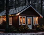 Charming cottage in the snow with christmas trees, christmas stock image ai, christmas stock photos ai