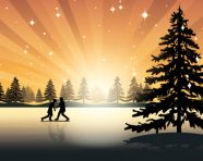 Young ice skaters glide across frozen lake in beautiful winter landscape, christmas stock image ai, christmas stock photos ai