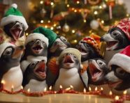 Group of penguins gathered around a christmas , christmas stock image ai, christmas stock photos ai