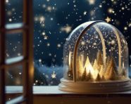 A wide-angle shot of a starry snow globe sitting on a windowsill, christmas stock image ai, christmas stock photos ai
