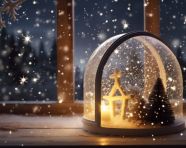 Starry snow globe on windowsill, christmas stock image ai, christmas stock photos ai