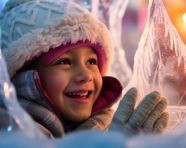 A close-up portrait of a child who is playing in a mystical ice castle christmas, christmas stock image ai, christmas stock photos ai
