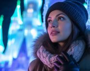 A close-up portrait of a woman who is holding a lantern, christmas stock image ai, christmas stock photos ai