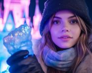 Woman holding lantern in front of mystical ice castle, christmas stock image ai, christmas stock photos ai