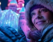 Mystical ice castle glows in the night, christmas stock image ai, christmas stock photos ai