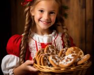 A close-up portrait of a young girl wearing a traditional christmas dress, christmas stock image ai, christmas stock photos ai
