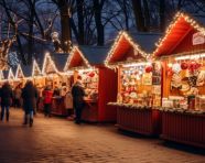 A wide shot of a christmas market at night, christmas stock image ai, christmas stock photos ai