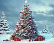 Snow-covered christmas tree and presents, christmas stock image ai, christmas stock photos ai