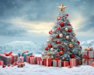 A christmas tree surrounded by gifts and snow, christmas stock image ai, christmas stock photos ai