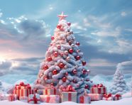 A christmas tree full of gifts and snow, christmas stock image ai, christmas stock photos ai