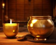 Golden candles on a wooden table, diwali festival stock image, diwali festival ai prompt