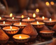 Candles in clay dishes for worship in india, diwali festival stock image, diwali festival ai prompt